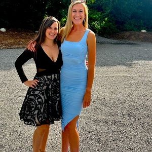 Fashion Nova sky blue wedding guest event midi dress